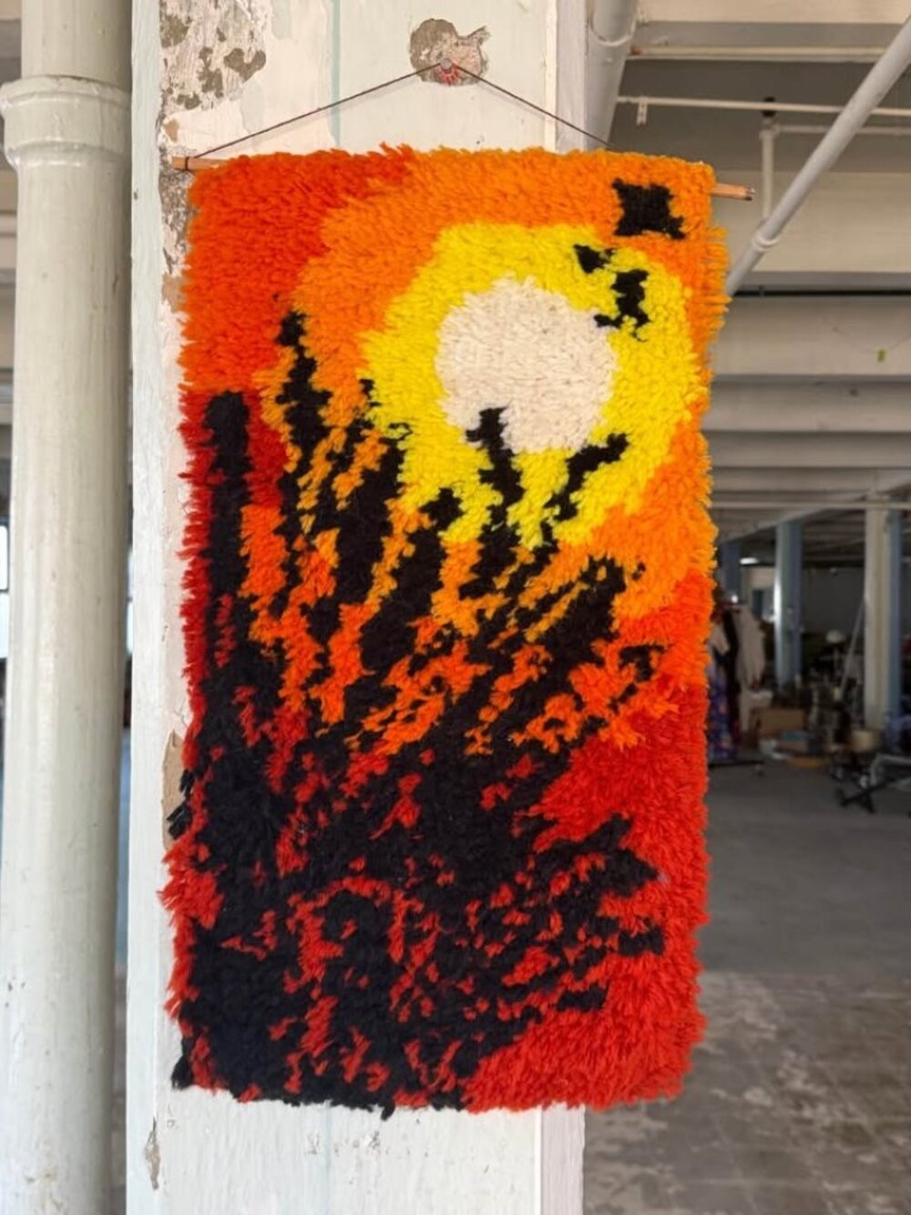 70s Wool Latch Hook Rug Wall Hanging Vibrant Sunset Design Orange, Yellow, Black